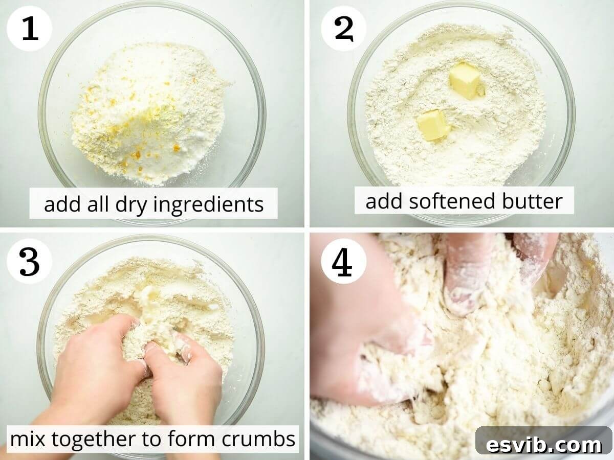 Italian Carnival Ribbons: Golden Fried Delights 4 Step by step photos showing how to prepare the dry ingredients and crumb the butter into the flour for Cenci.