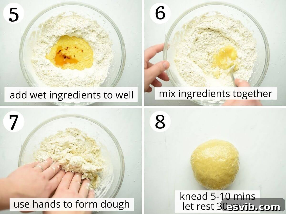Italian Carnival Ribbons: Golden Fried Delights 5 Step by step photos illustrating how to add wet ingredients to form a Cenci dough and knead it until smooth.