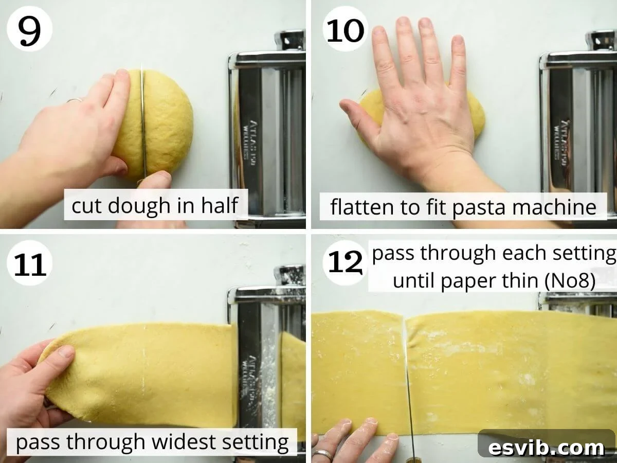Italian Carnival Ribbons: Golden Fried Delights 6 Step by step photos detailing the process of rolling out Cenci dough using a pasta machine to achieve paper-thin consistency.