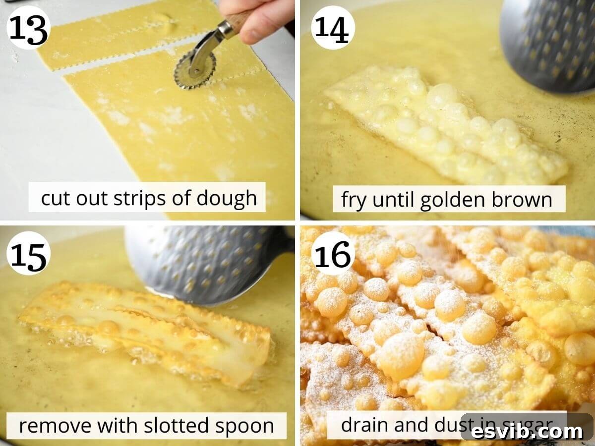 Italian Carnival Ribbons: Golden Fried Delights 7 Step by step photos demonstrating how to cut and fry Cenci until golden and bubbly, then drain them.