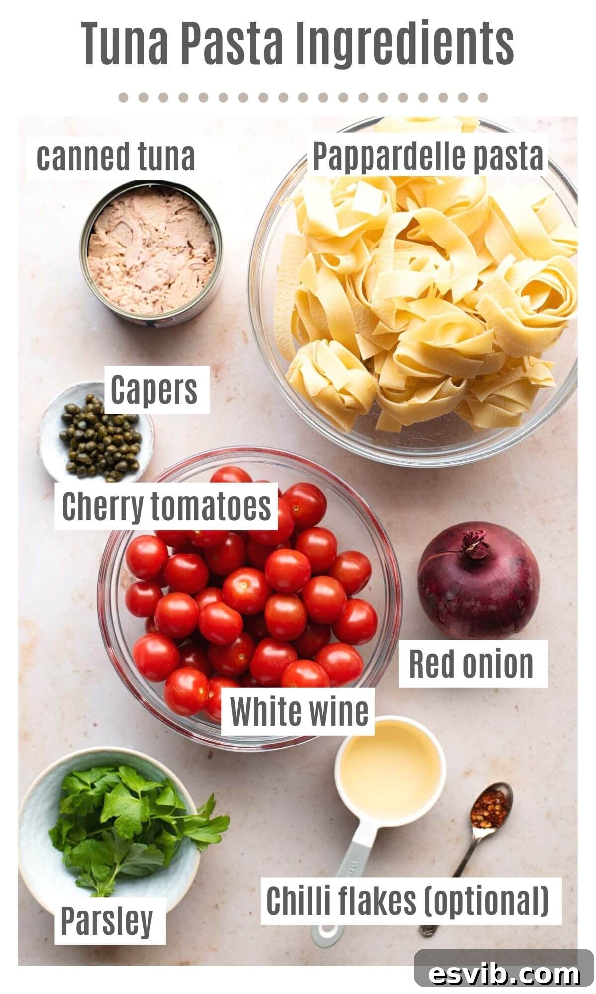 Quick Tuna Tomato and Caper Pasta 3 An overhead shot of all the ingredients you need to make tuna pasta