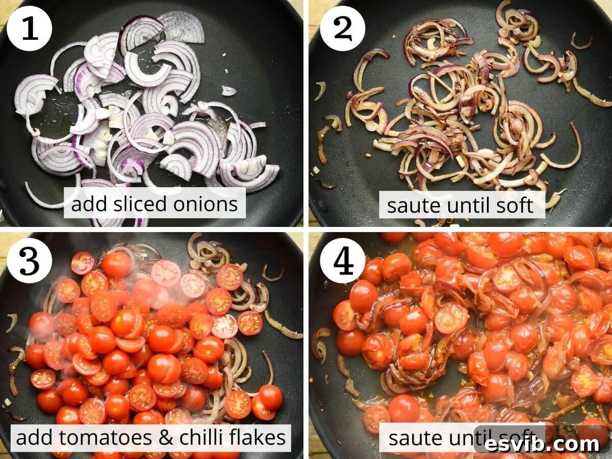 Quick Tuna Tomato and Caper Pasta 4 Step by step photos showing how to saute onions and tomatoes