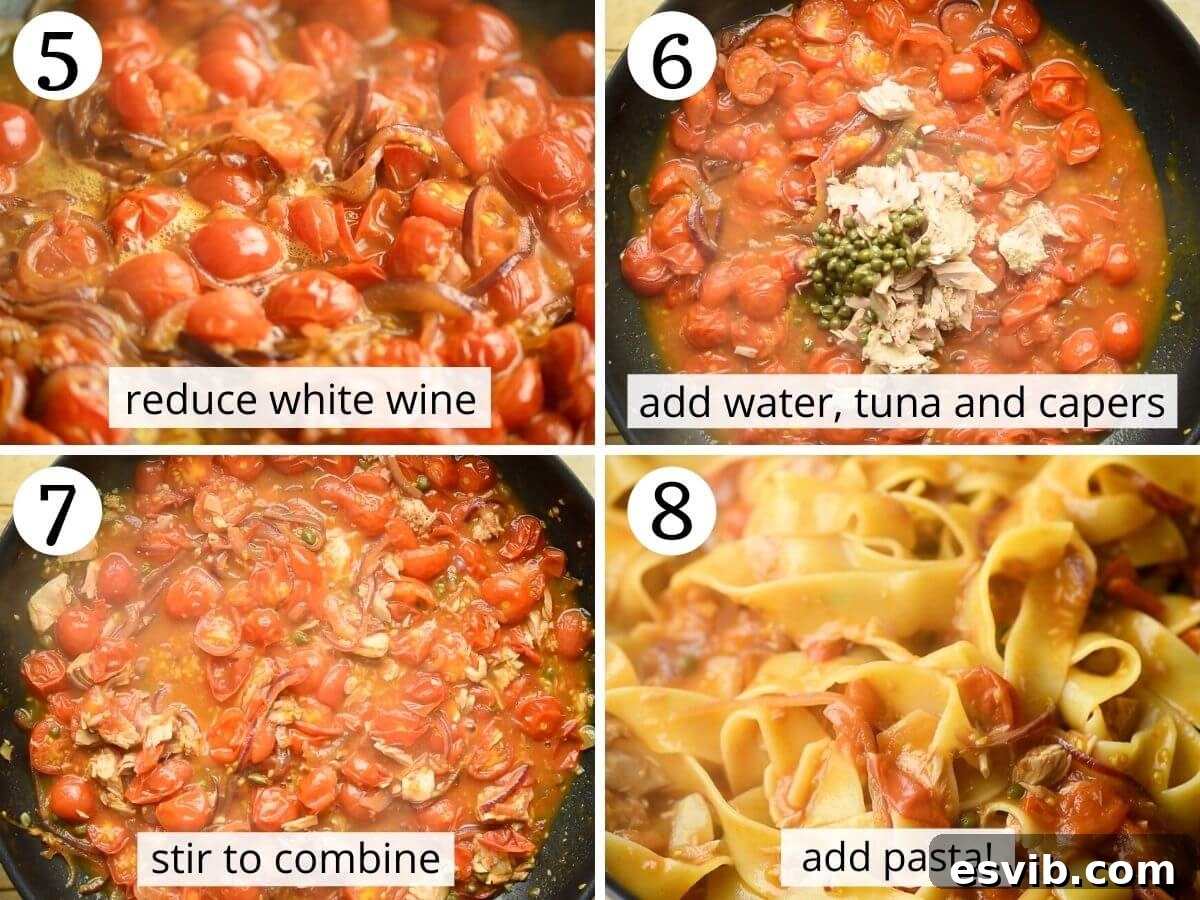 Quick Tuna Tomato and Caper Pasta 5 Step by step photos showing how to make a tuna pasta sauce