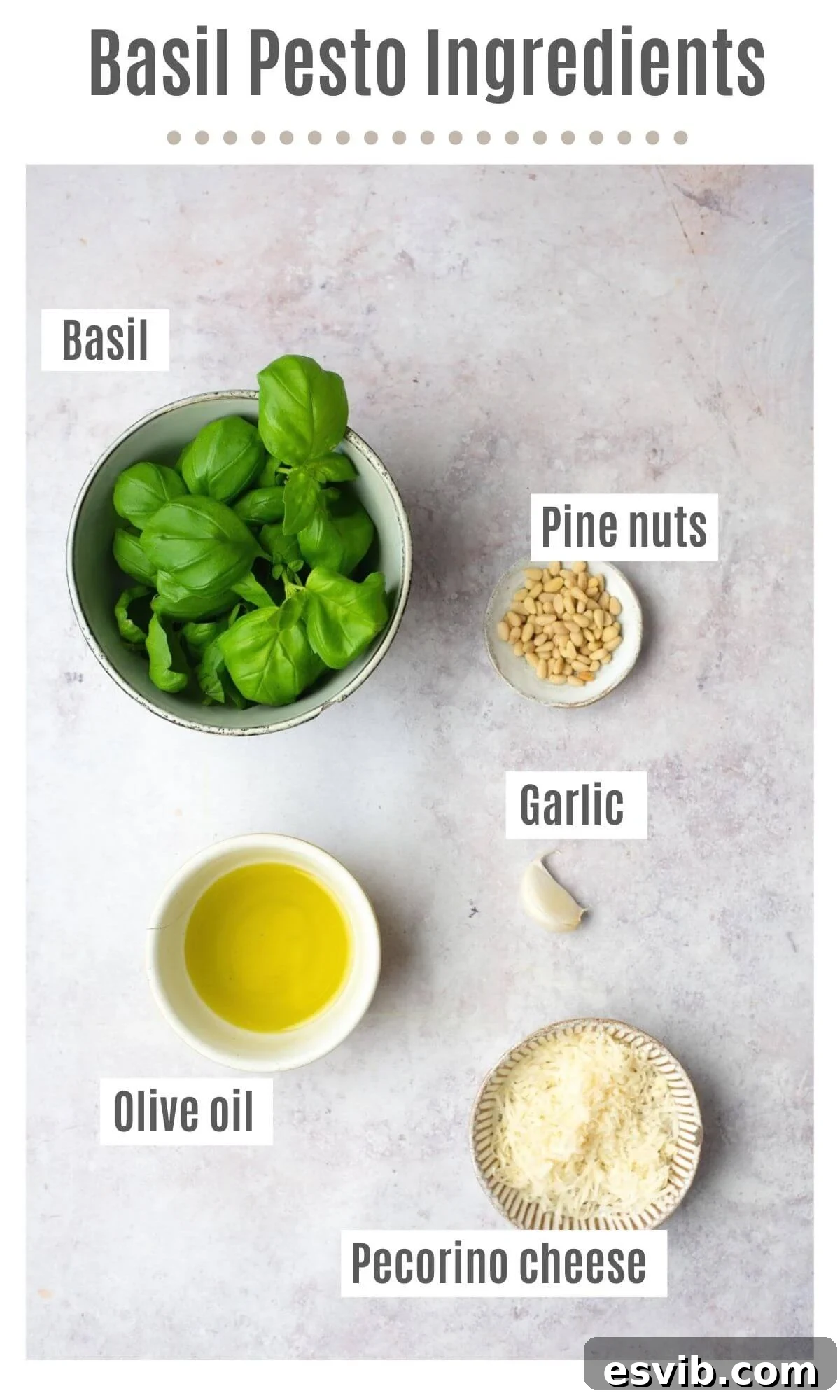 An overhead shot of all the fresh ingredients required for making authentic homemade basil pesto: a generous pile of vibrant green basil leaves, a small bowl of golden pine nuts, a garlic clove, a block of Pecorino cheese ready to be grated, and a bottle of high-quality olive oil.