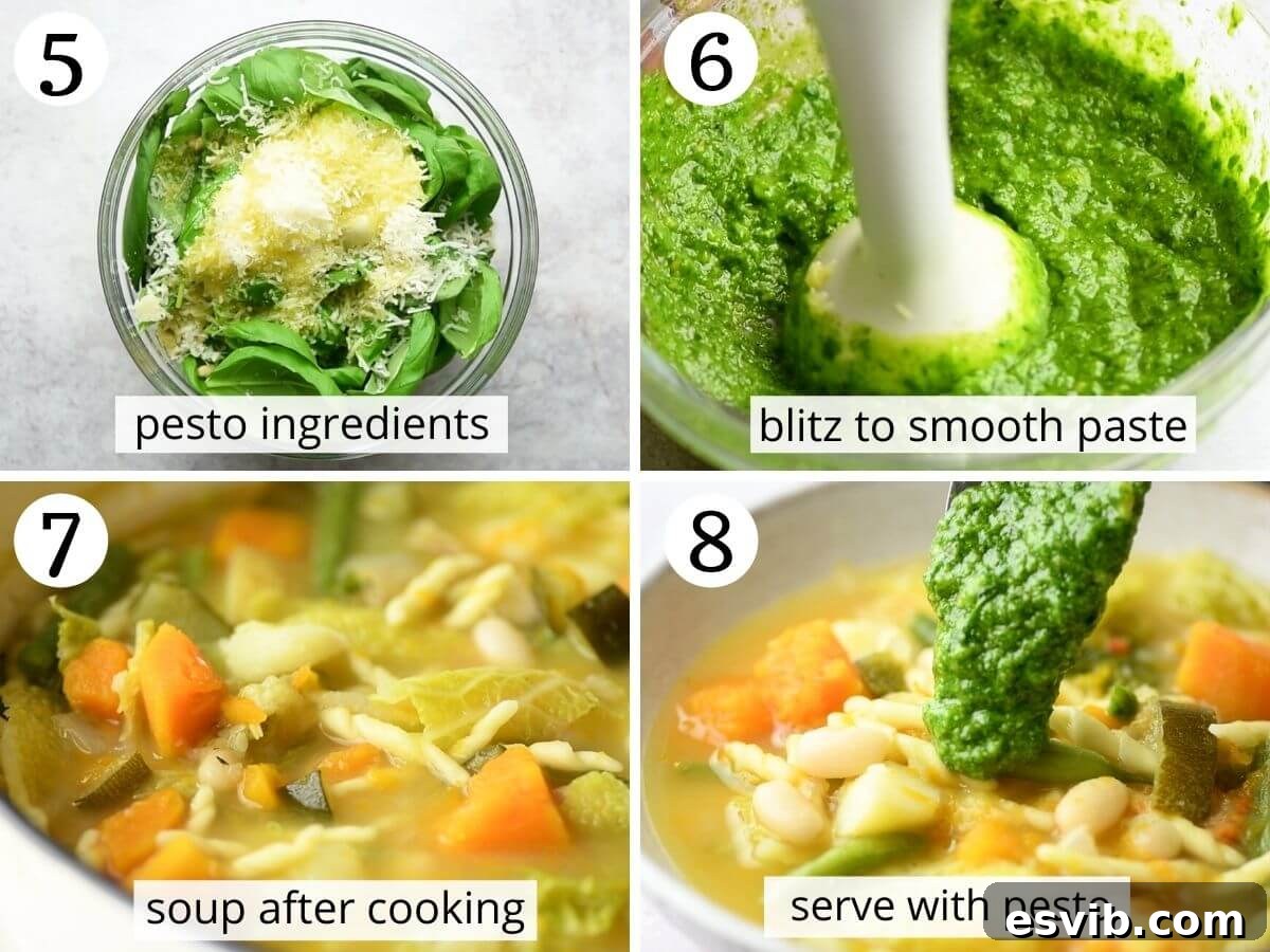 Step by step photos showcasing the process of blending fresh basil pesto using an immersion blender until it forms a smooth, vibrant green paste. The following image demonstrates how to serve the finished minestrone soup, beautifully topped with a generous dollop of the freshly made pesto, ready to be stirred in and enjoyed.