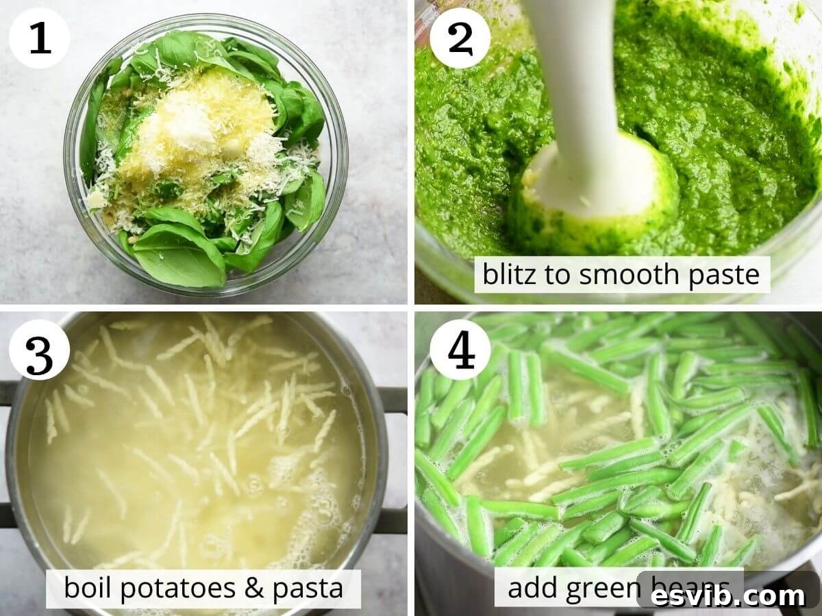 Step-by-step photos illustrating the meticulous process of making fresh basil pesto from scratch and the essential steps for boiling pasta, potatoes, and green beans to perfection.