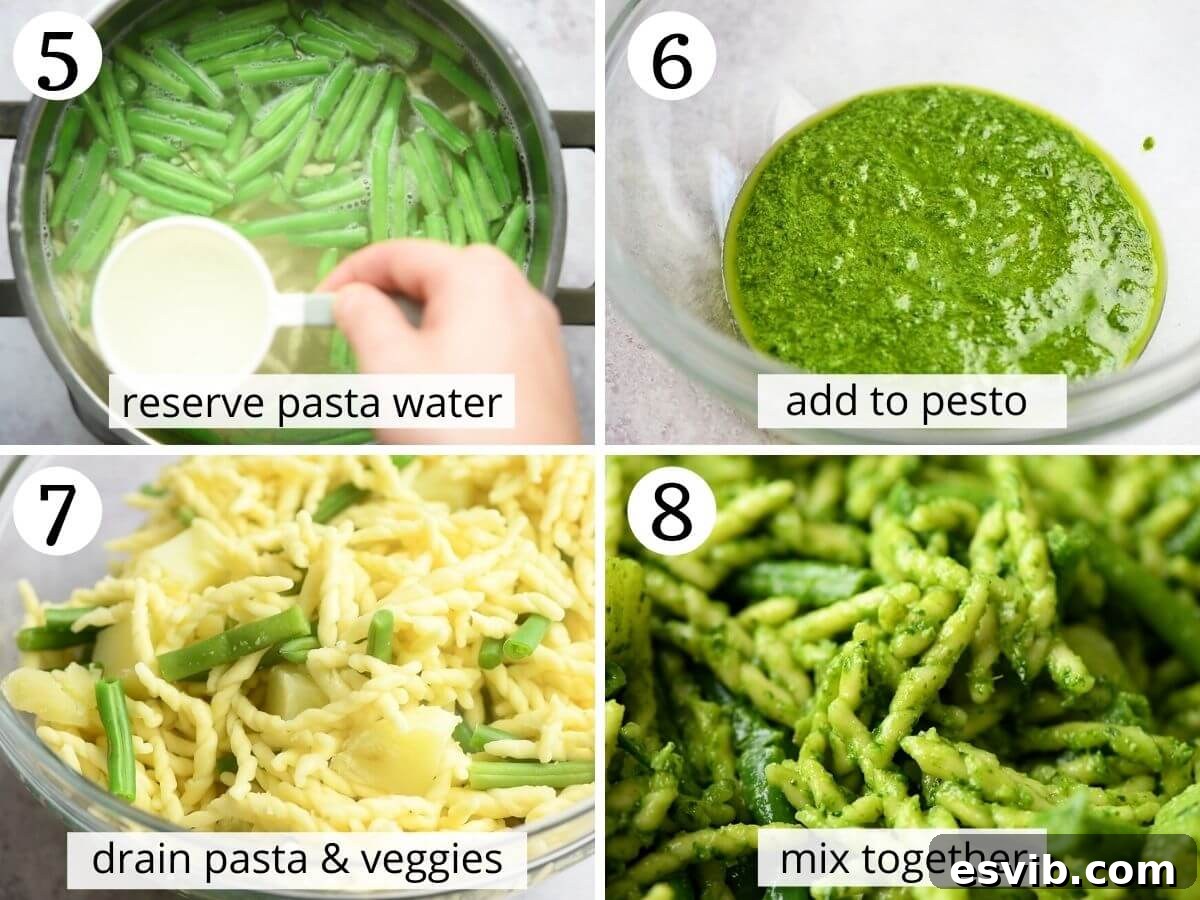 A visual guide showing the final steps: mixing pesto pasta with tender potatoes and vibrant green beans, illustrating how to combine the elements for a cohesive dish.