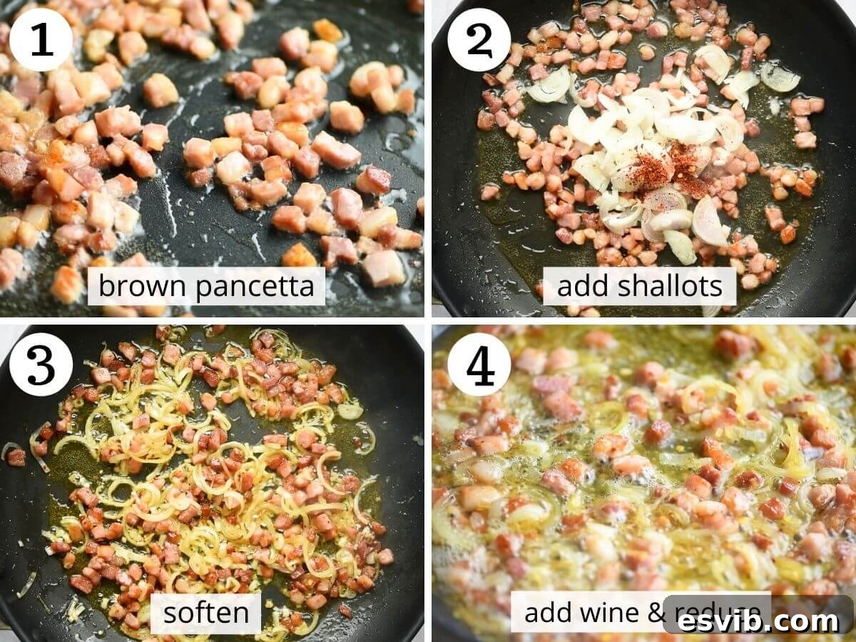Step by step photos showing how to brown pancetta and shallots
