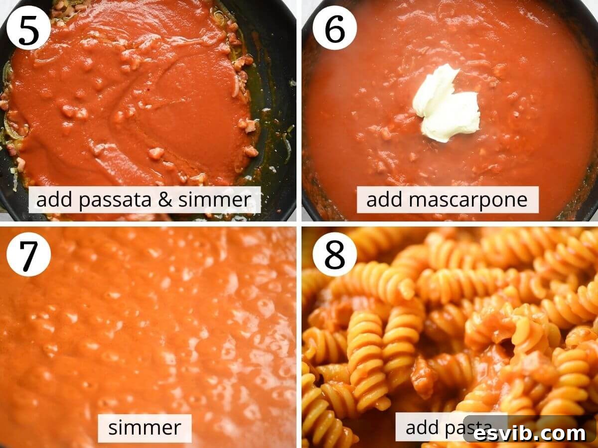 Step by step photos showing how to make a creamy tomato pasta