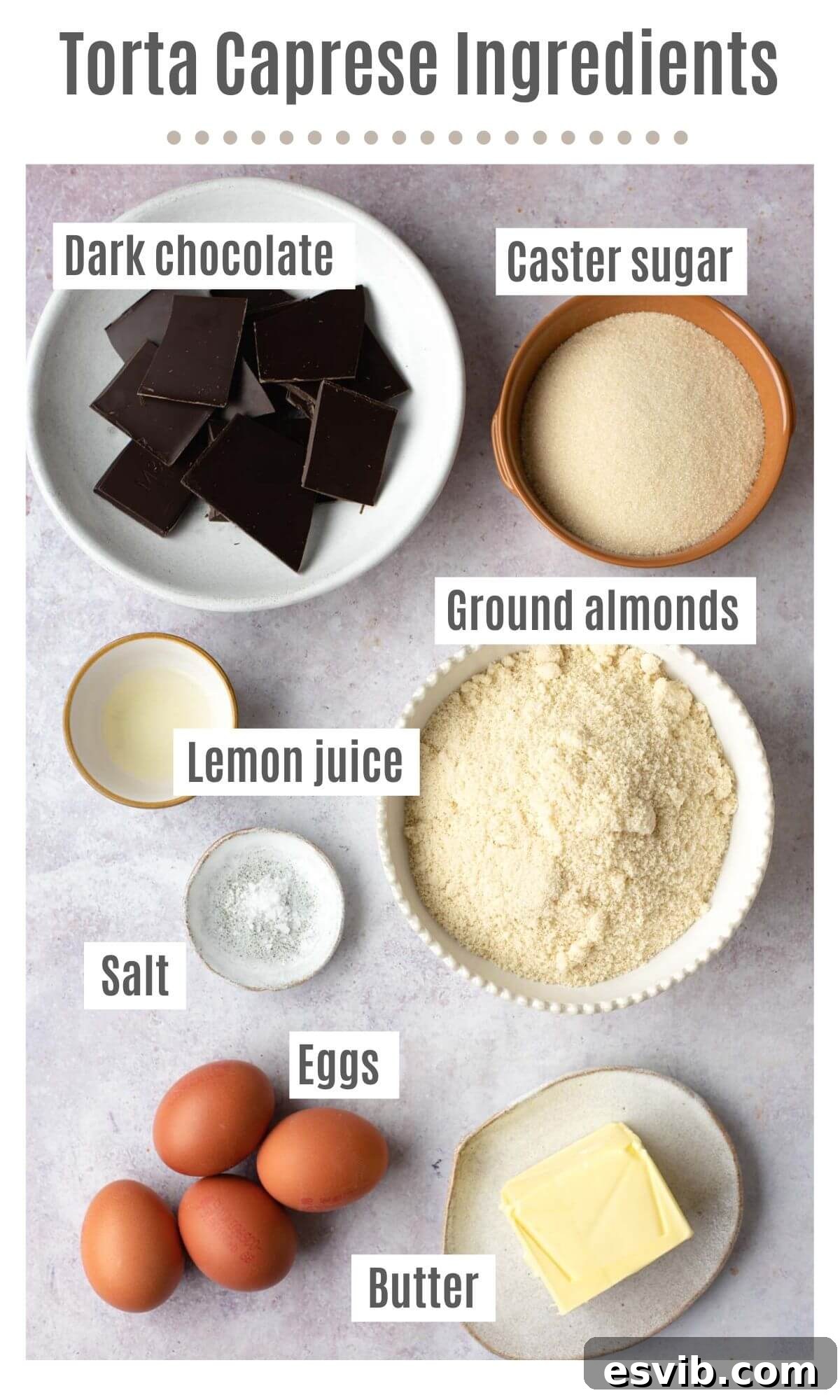 Torta Caprese: Decadent Flourless Italian Chocolate Torte 3 An overhead shot meticulously displaying all the carefully measured and prepared ingredients required to bake a classic Torta Caprese, ready for the baking process.