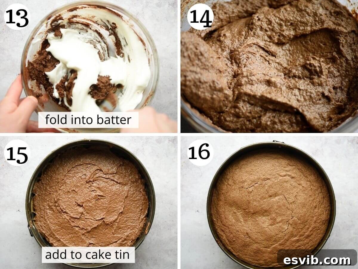 Torta Caprese: Decadent Flourless Italian Chocolate Torte 4 A series of step-by-step photos demonstrating the delicate process of folding whipped egg whites into the chocolate cake batter and showing the Torta Caprese as it bakes to a perfect golden-brown finish.
