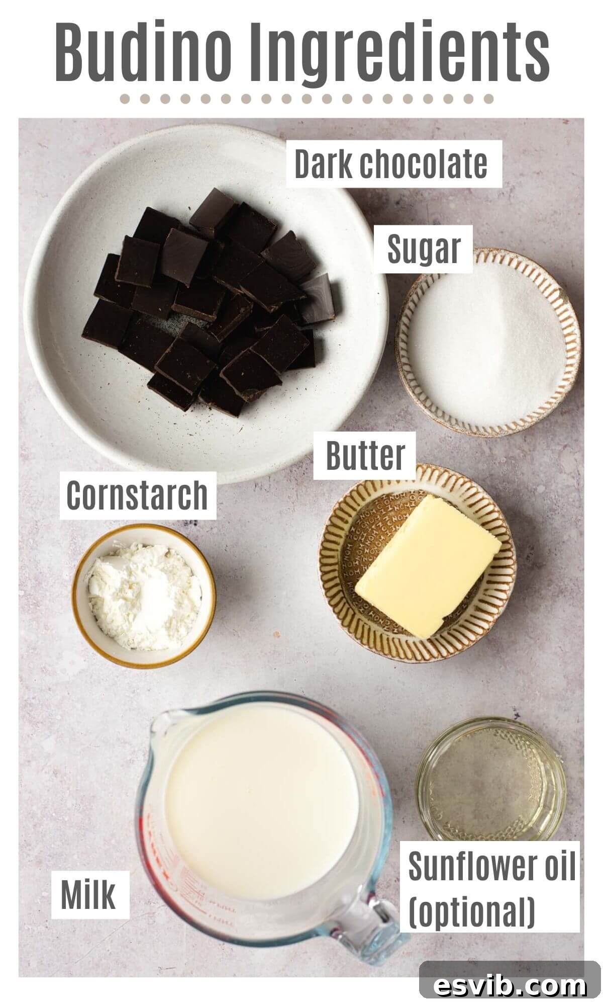 An overhead shot showcasing all the fresh, high-quality ingredients needed to prepare a delicious Chocolate Budino, arranged neatly.