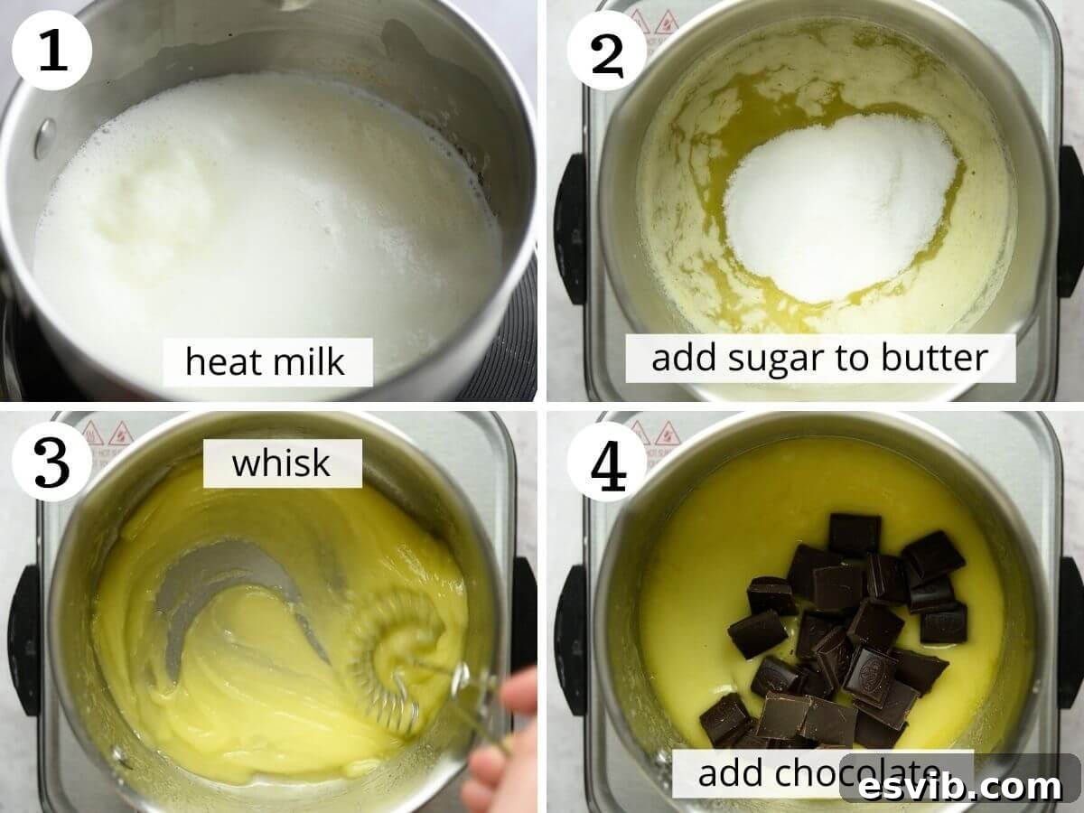 A sequence of step-by-step photos illustrating the initial stages of preparing Chocolate Budino, from heating milk to whisking butter and sugar.