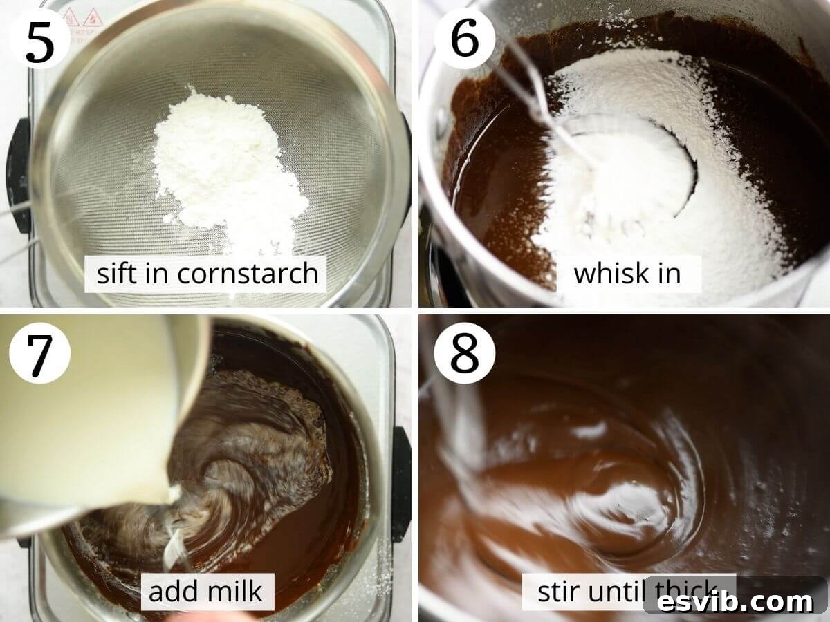 Step-by-step photos demonstrating the process of thickening the Chocolate Budino mixture on the stove, showing its transformation to a rich, glossy consistency.