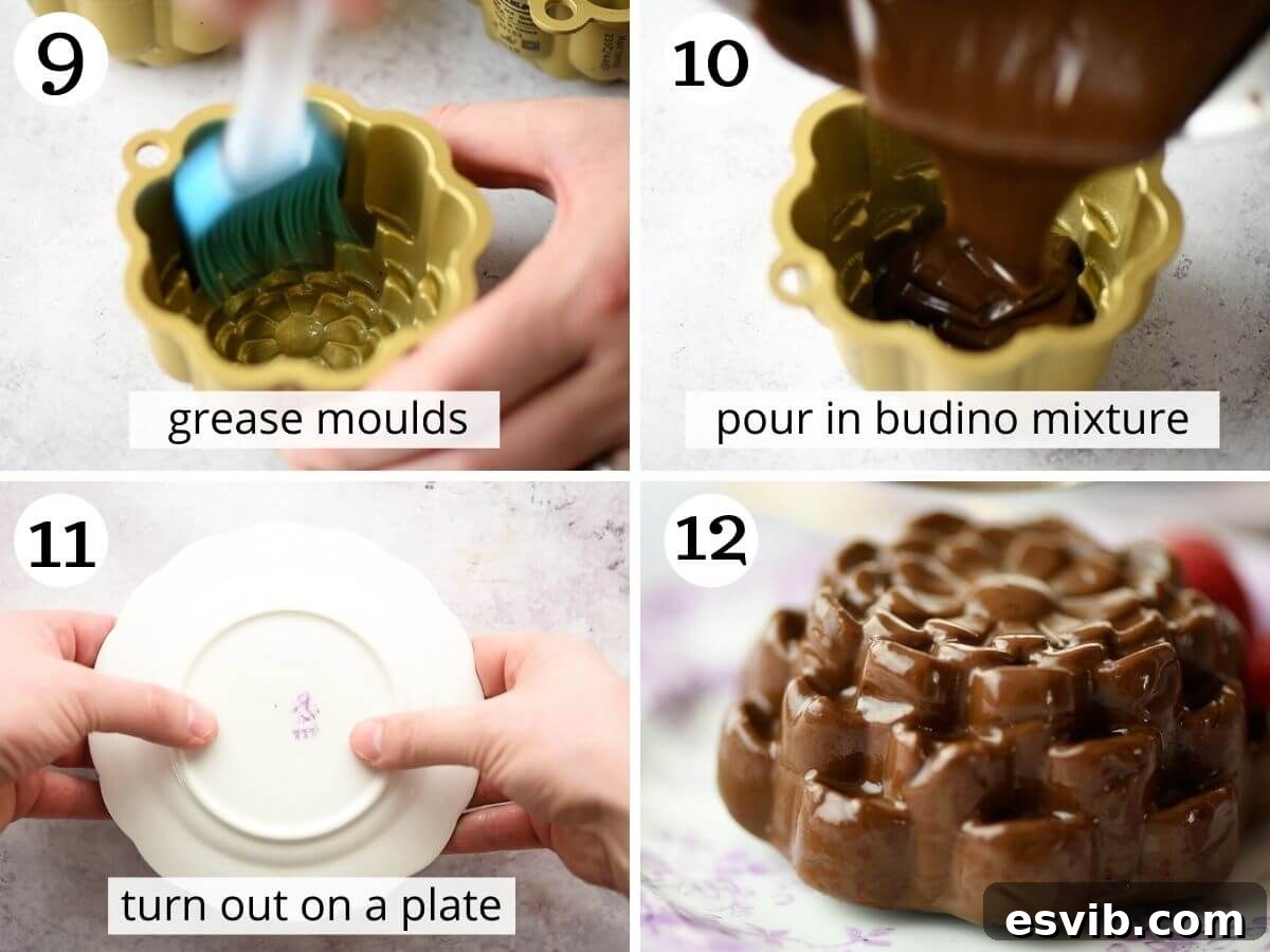 A series of step-by-step photos demonstrating the technique for successfully removing shaped Budino from its mould onto a serving plate.