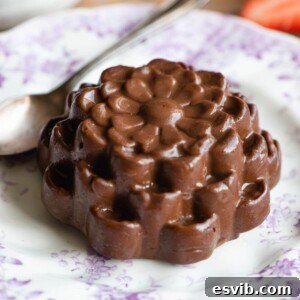 A luscious chocolate budino on a small pink and white patterned plate, ready to be enjoyed.