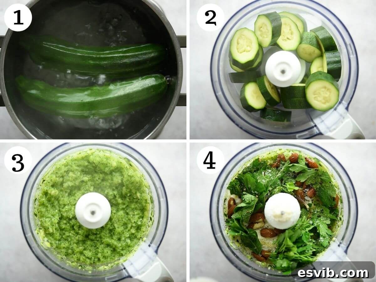 Step-by-step photos illustrating the preparation of zucchini for the pesto