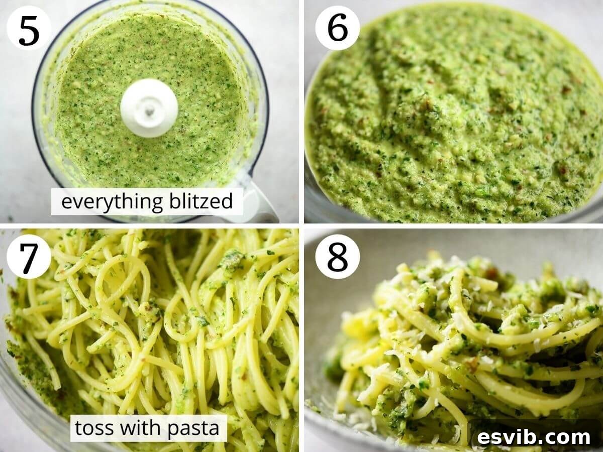 Step-by-step photos demonstrating how to blend the zucchini pesto and combine it with pasta