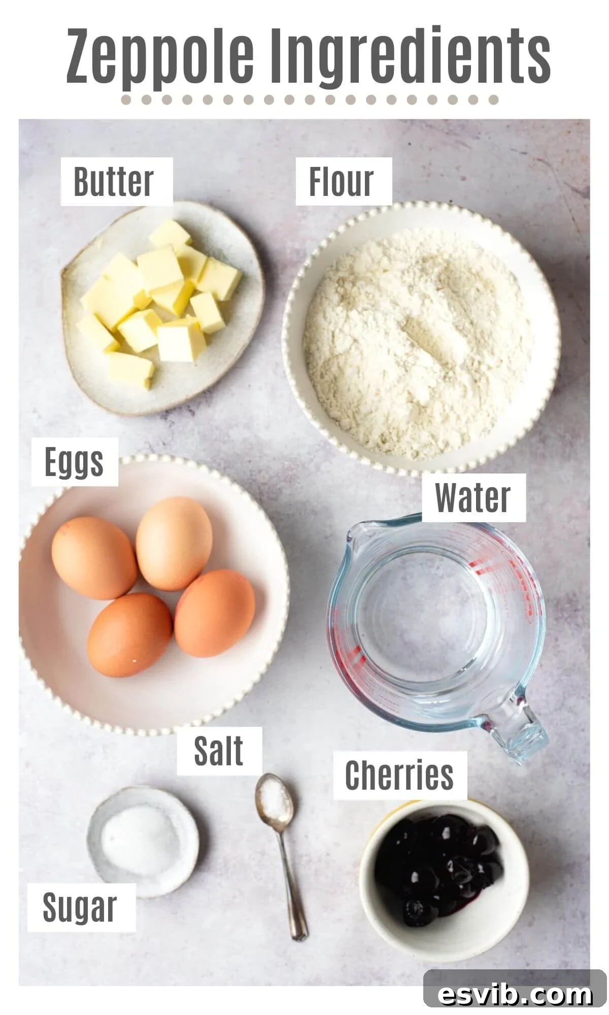 St Josephs Day Sweet Tradition 3 An overhead shot of all the ingredients needed to make Zeppole di San Giuseppe (Italian pastries), including flour, butter, sugar, eggs, and amarena cherries.