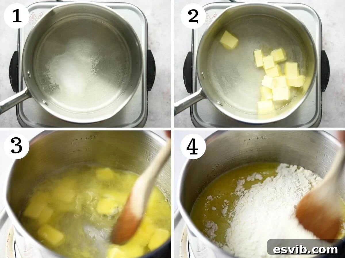 St Josephs Day Sweet Tradition 5 Step by step photos showing how to make choux pastry: heating water, sugar, butter, and salt.