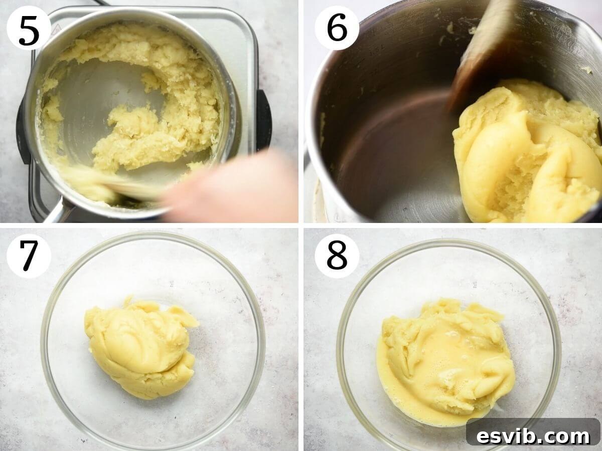 St Josephs Day Sweet Tradition 6 Four grid collage photos showing choux pastry being made, from adding flour to forming a smooth dough ball.