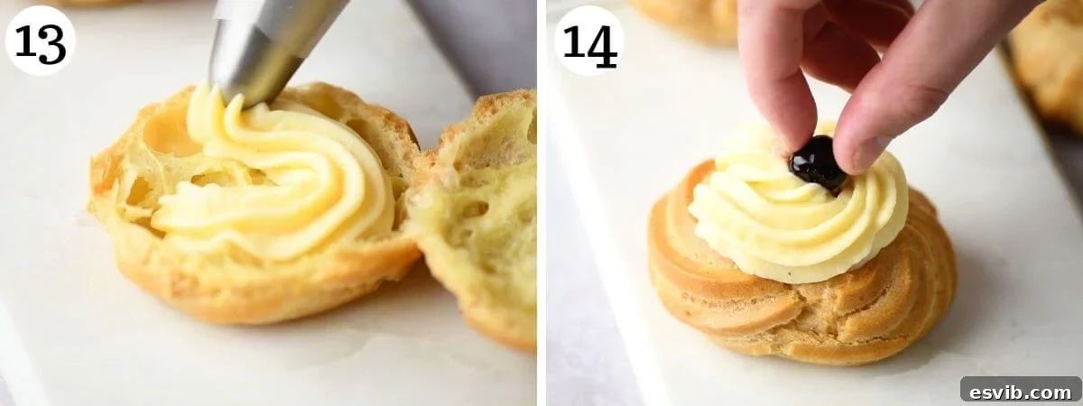 St Josephs Day Sweet Tradition 8 Two photos demonstrating the process of filling baked zeppole with creamy pastry cream and garnishing them with a sweet amarena cherry.