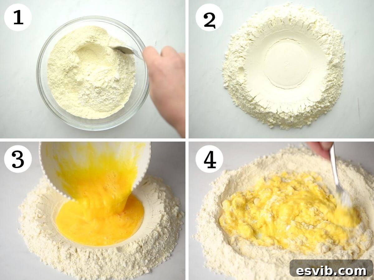 Homemade Tonnarelli Pasta 5 A collage of four photos illustrating the initial steps of making pasta dough: mixing flours and forming a well.