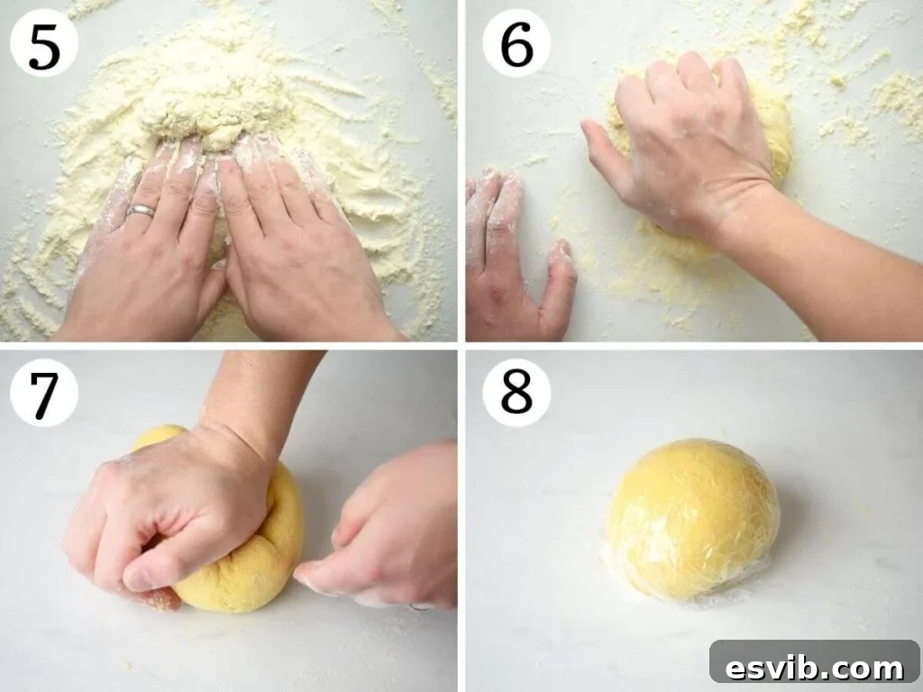 Homemade Tonnarelli Pasta 6 A collage of four photos demonstrating how to knead pasta dough until smooth and elastic.