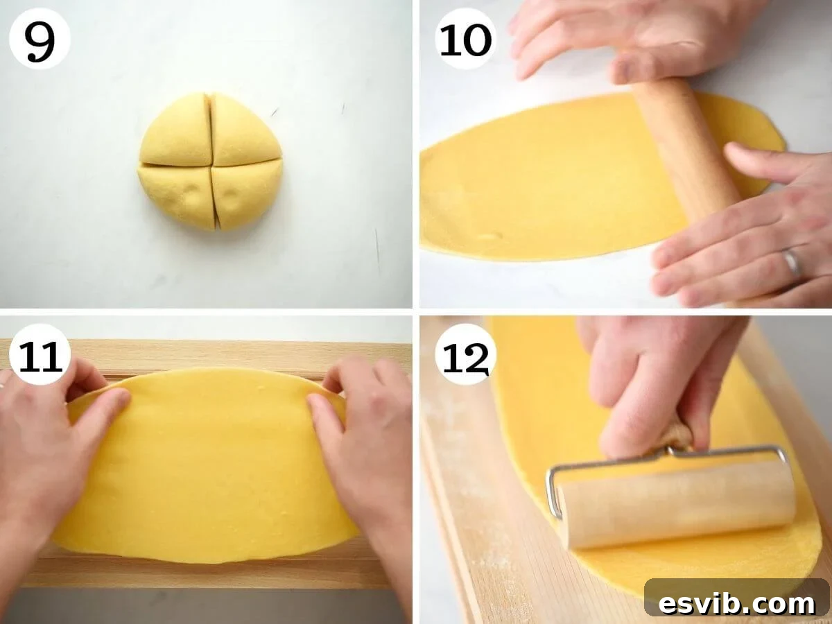 Homemade Tonnarelli Pasta 7 A collage of four photos showing the process of cutting pasta dough using a Chitarra tool.