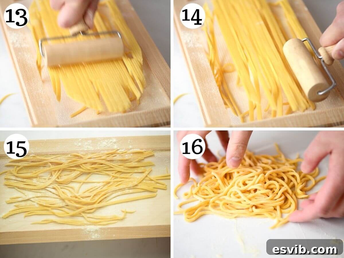 Homemade Tonnarelli Pasta 8 A collage of four photos demonstrating the final steps of forming tonnarelli pasta, including dusting and shaping nests.