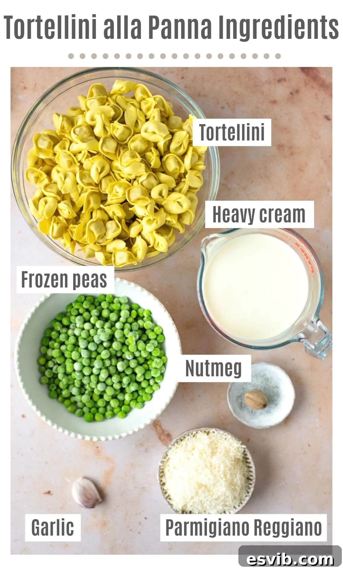An overhead shot of all the ingredients you need to make Tortellini alla Panna