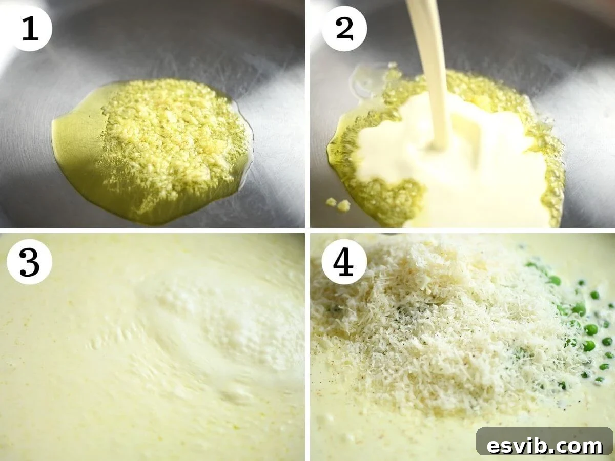 Four photos in a collage showing how to make a garlic cream sauce with parmesan and peas