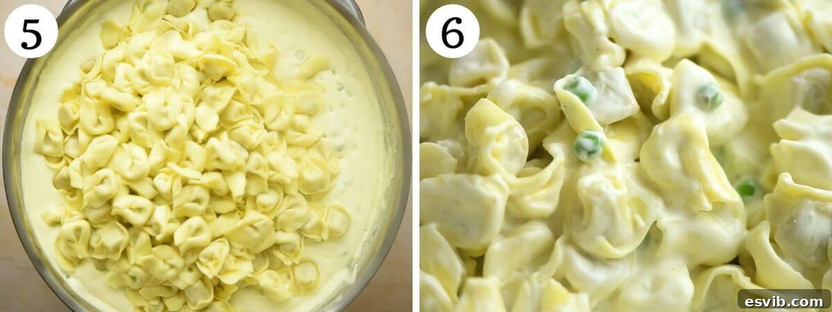 Two photos in a collage showing tortellini in a cream sauce getting mixed together