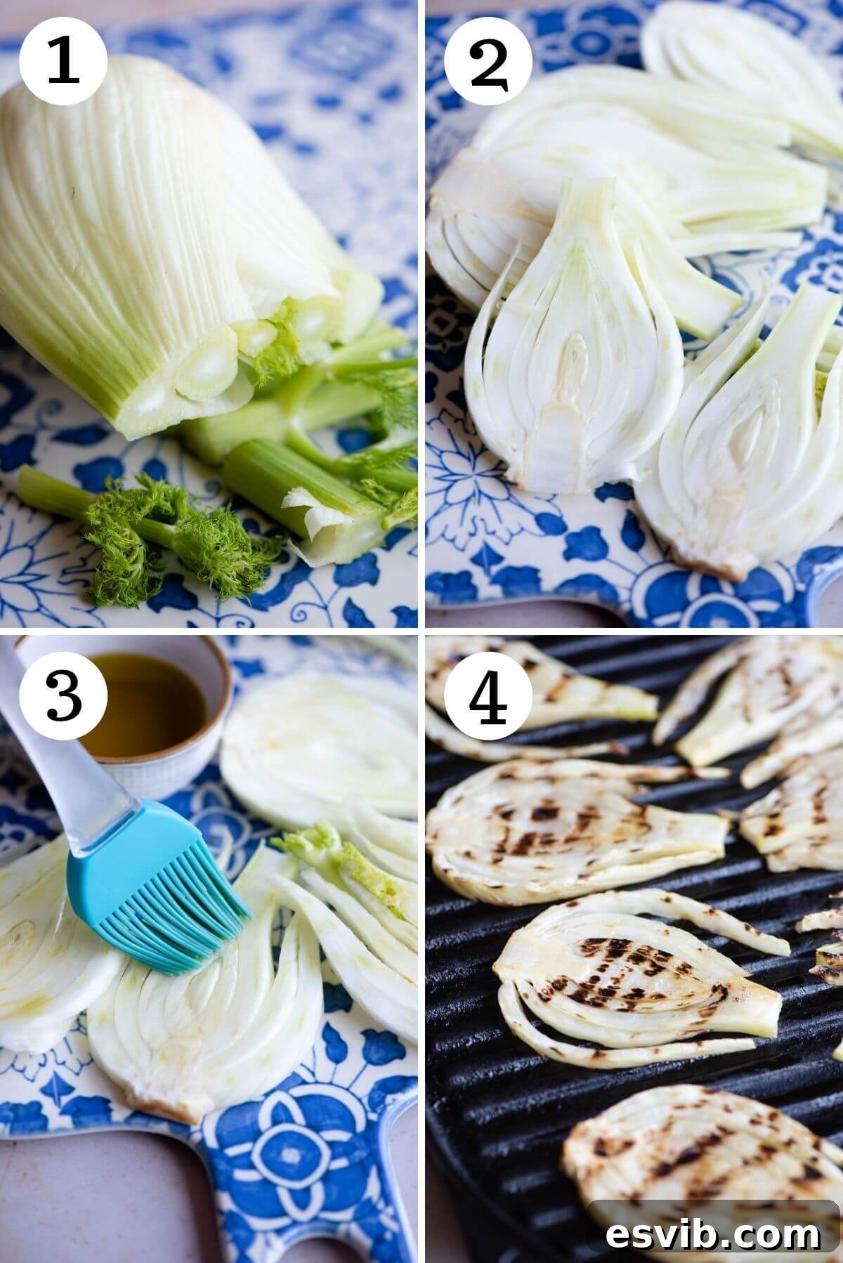 A collage of four photos demonstrating the process of preparing and grilling fennel, from slicing to charring on the griddle.