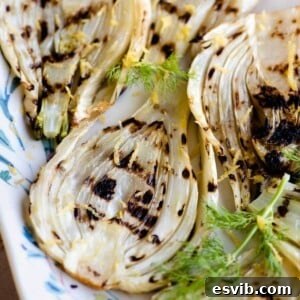 A close up of perfectly grilled fennel on a white serving plate, garnished with lemon zest.