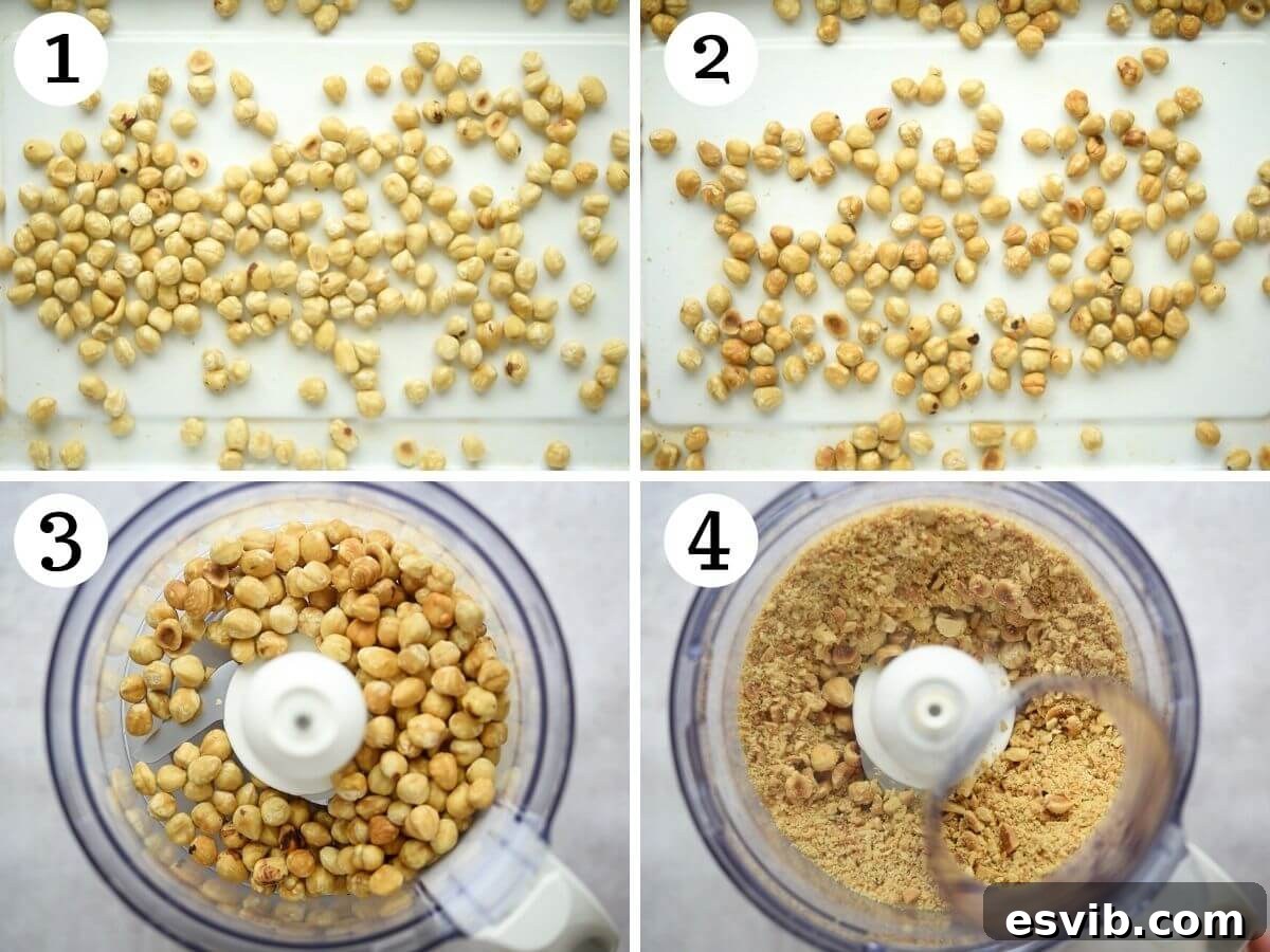 Four photos in a collage showing how to toast hazelnuts until golden brown and then blitz them into roughly chopped pieces for the cookies.