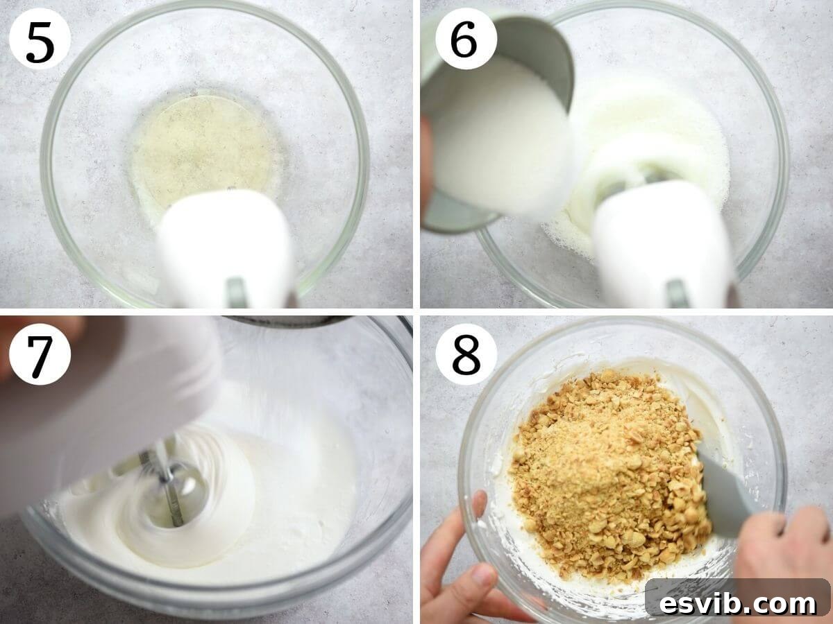 Four photos in a collage showing the process of whisking egg whites and gradually adding sugar to create a stiff, glossy meringue, then folding in chopped hazelnuts.