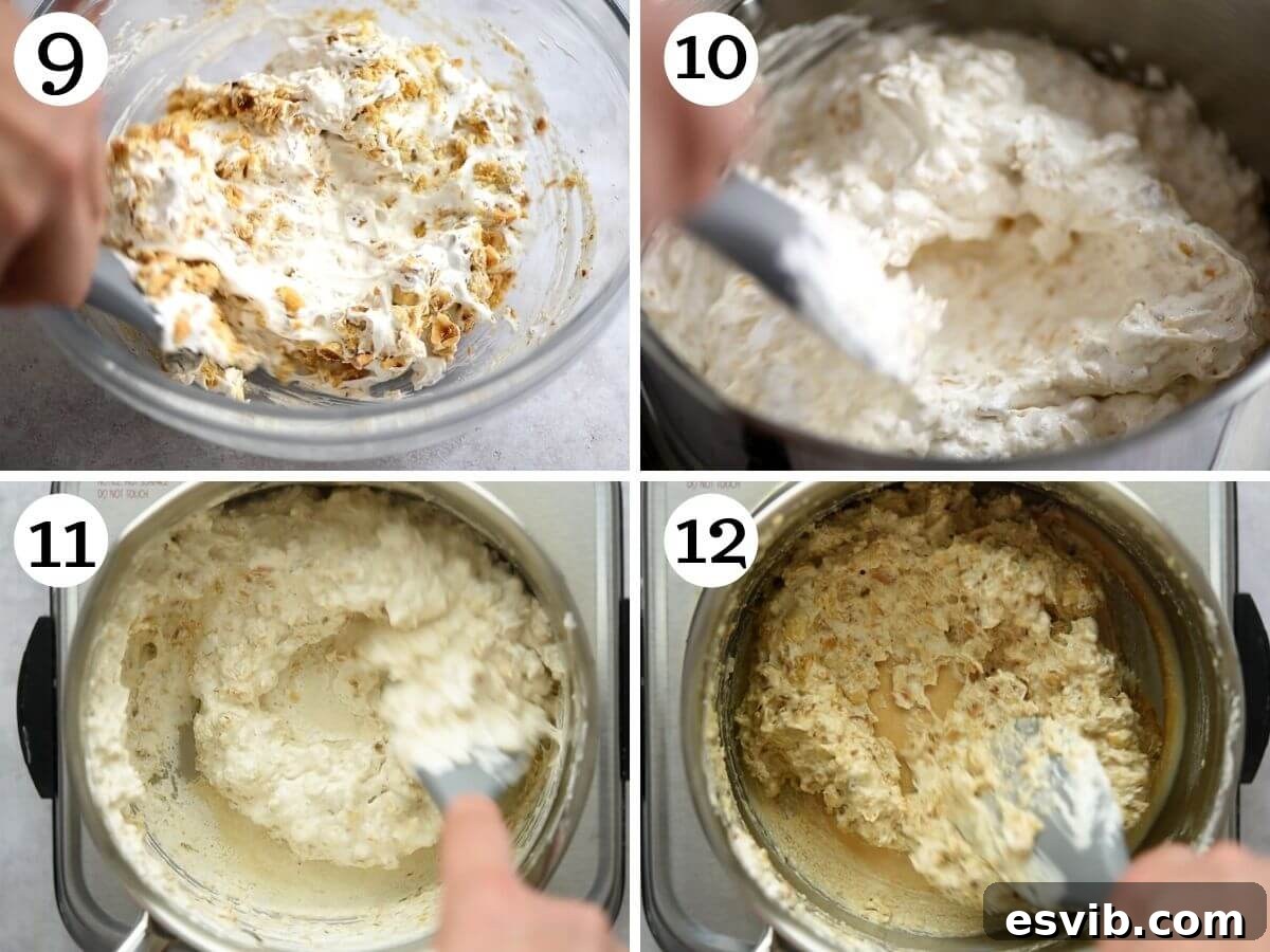 Four photos in a collage demonstrating how to cook the hazelnut meringue mixture in a saucepan until it thickens and turns golden brown.