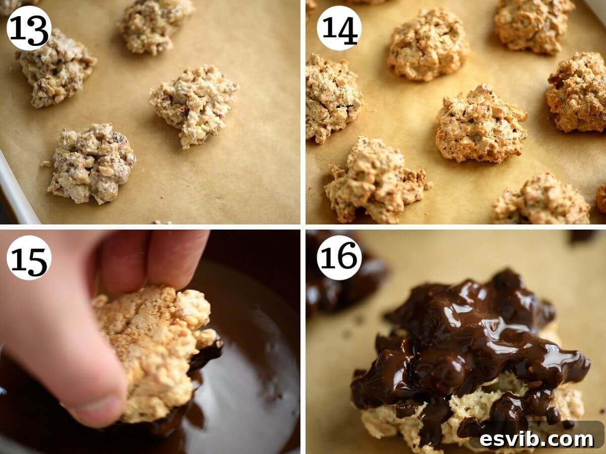 Four photos in a collage showing how to dollop the cookie mixture onto a baking tray and then, for a variation, how to dip the cooled cookies in melted chocolate.