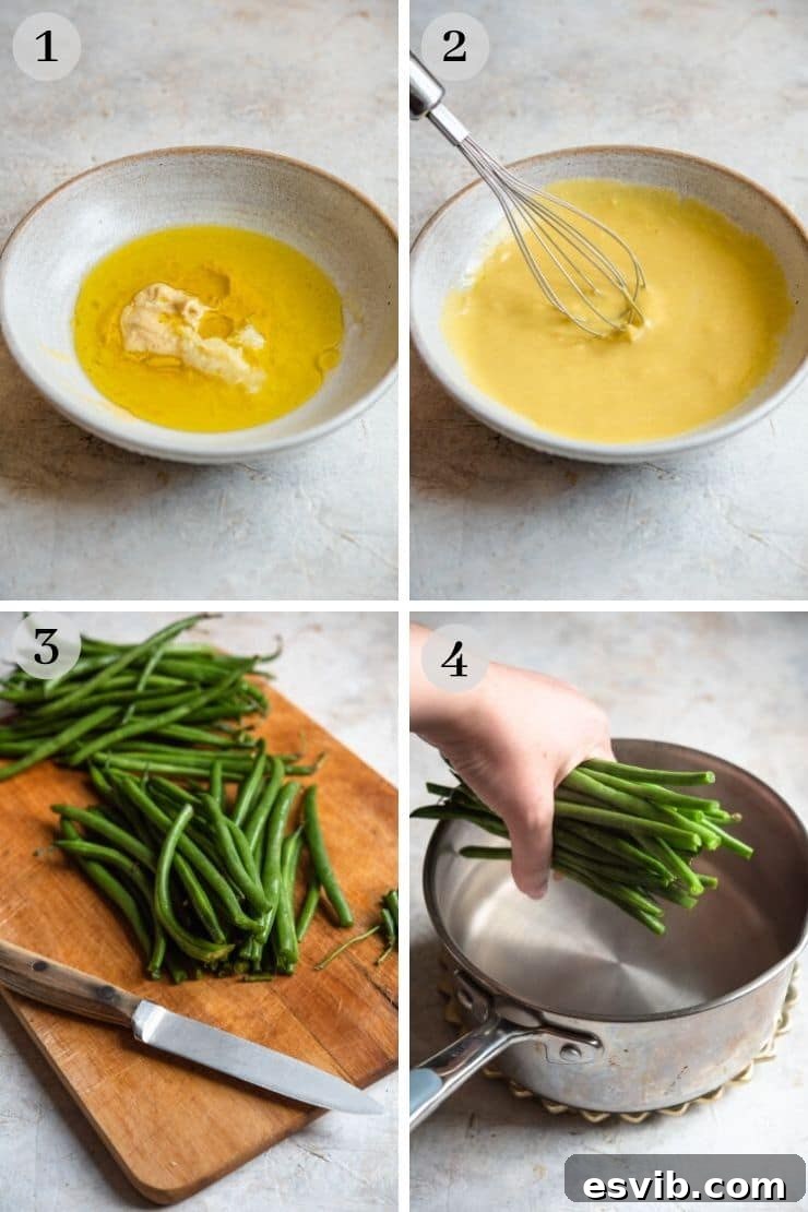 Step-by-step photos illustrating the whisking of the mustard and garlic dressing for the green bean salad.