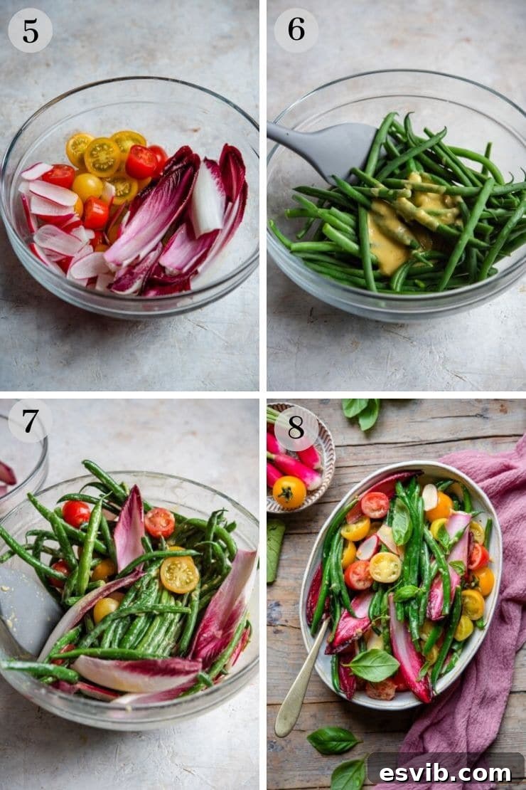 Step-by-step photos showing the preparation and combination of green beans and fresh vegetables for the salad.