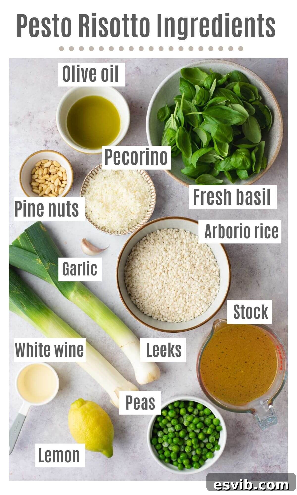 An overhead shot showcasing all the fresh ingredients for a pea and pesto risotto recipe, including arborio rice, vegetable stock, white wine, leeks, frozen peas, whole lemons, and a bundle of fresh basil, laid out on a kitchen counter.