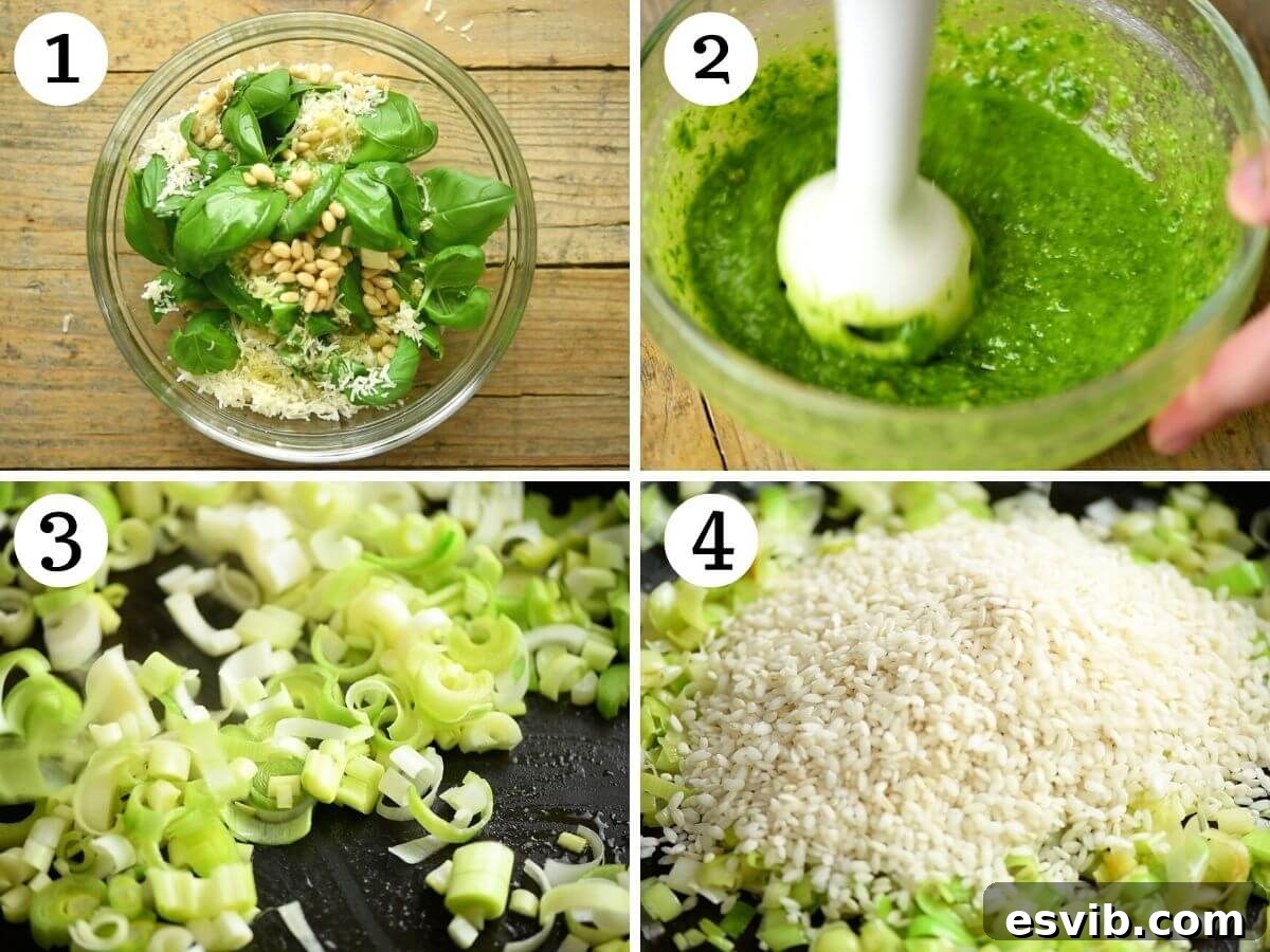 A collage of four photos demonstrating the initial stages of preparing pea and pesto risotto: 1) Ingredients for pesto laid out. 2) Pesto being blended. 3) Sliced leeks simmering in a pan with olive oil. 4) Arborio rice added to the pan with leeks, ready to be toasted.