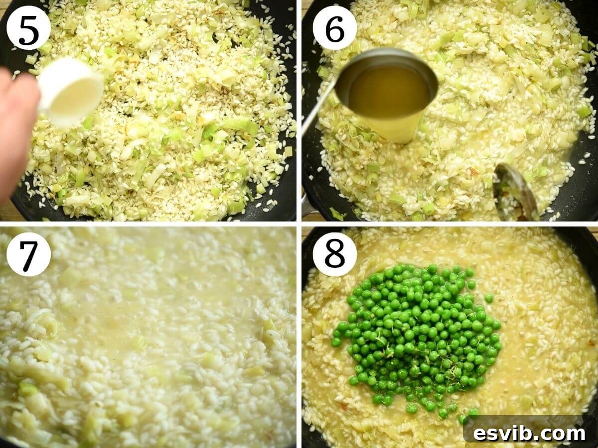 A collage of four photos illustrating the gradual cooking of risotto: 1) White wine being poured into toasted rice. 2) Risotto simmering as the wine reduces. 3) Warm stock being added to the risotto. 4) Risotto absorbing stock, becoming creamier in the pan.