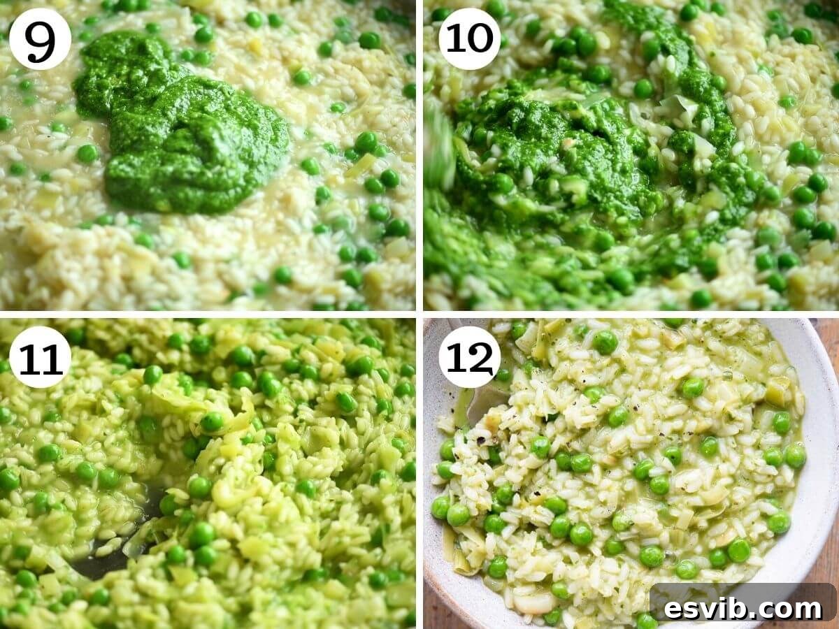 A collage of four photos detailing the finishing steps of pea and pesto risotto: 1) Frozen peas added to the simmering risotto. 2) Lemon zest and juice stirred into the dish. 3) Fresh homemade pesto being mixed into the creamy risotto. 4) The completed, vibrant pea and pesto risotto in the pan.