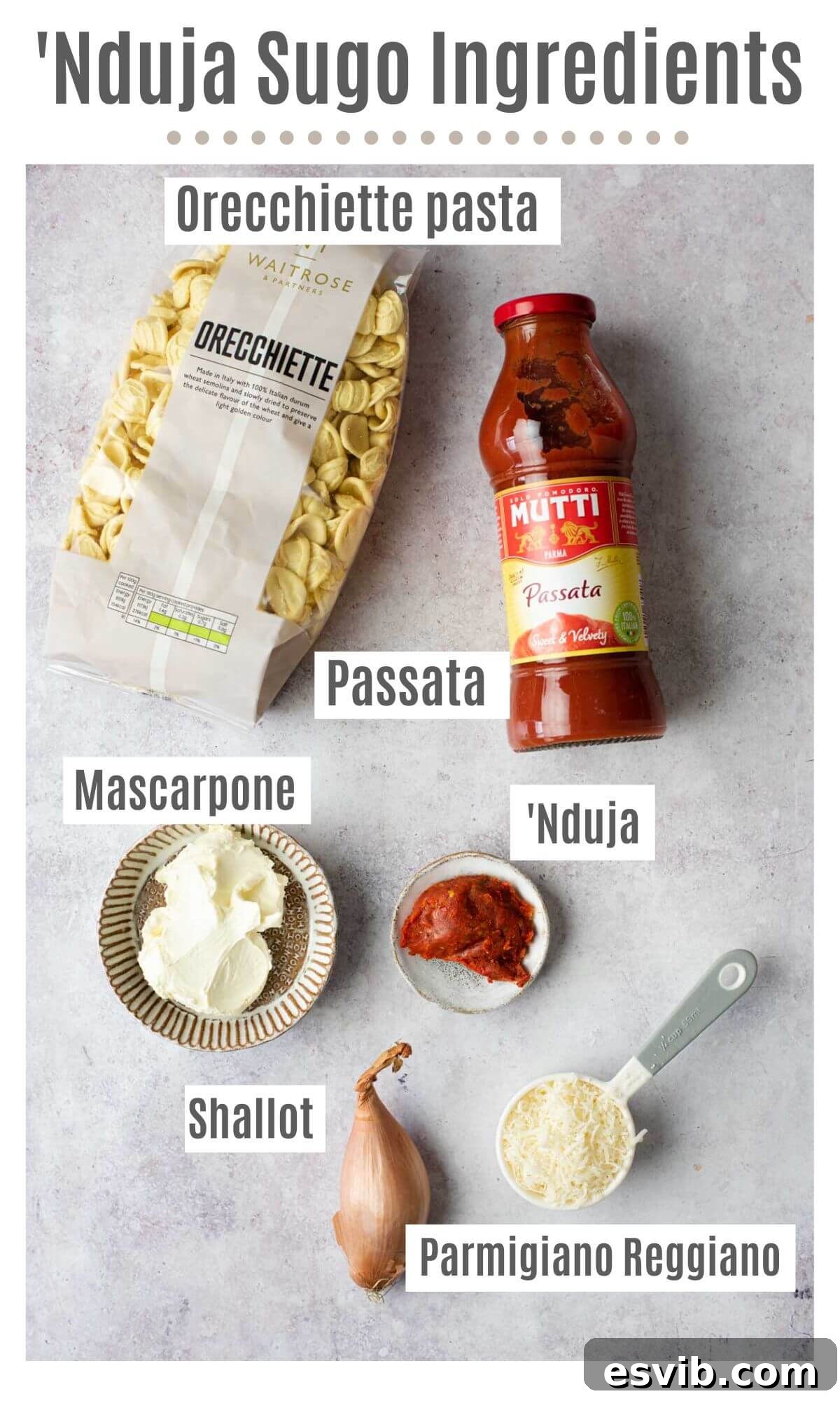 Orecchiette in a Fiery Nduja Sauce 3 An overhead shot of all the fresh and packaged ingredients needed to make orecchiette with Nduja sugo, including pasta, tomato passata, shallot, mascarpone, Nduja, Parmigiano Reggiano, and olive oil