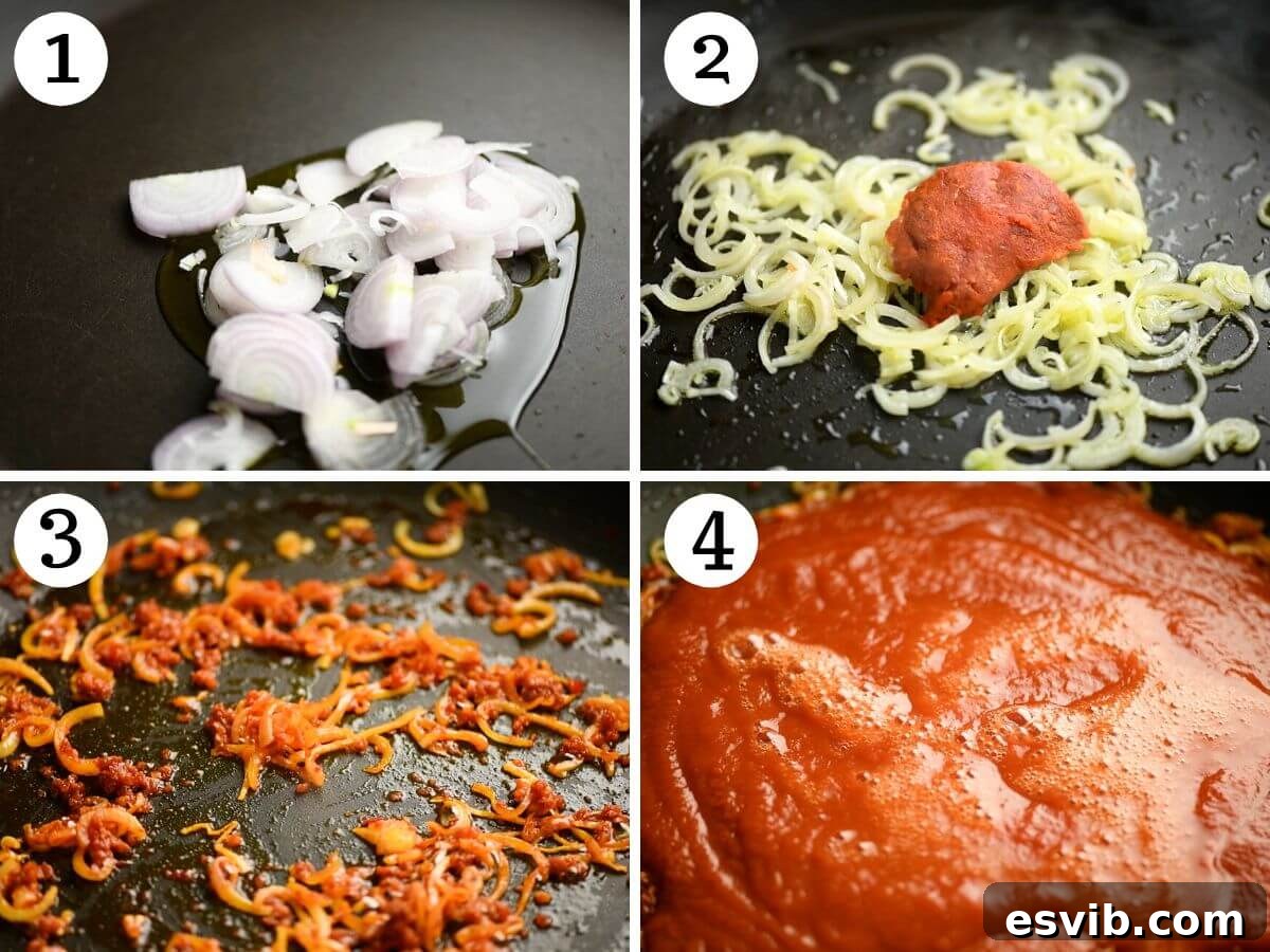 Orecchiette in a Fiery Nduja Sauce 4 A collage of four images illustrating the initial cooking steps: frying shallots, melting Nduja, adding tomato passata, and simmering the sauce