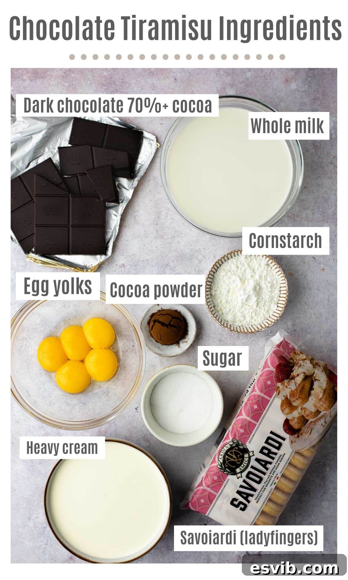 An overhead shot showcasing the key ingredients for chocolate tiramisu, including dark chocolate, whole milk, egg yolks, cornstarch, cocoa powder, sugar, heavy cream, and Savoiardi biscuits (ladyfingers).