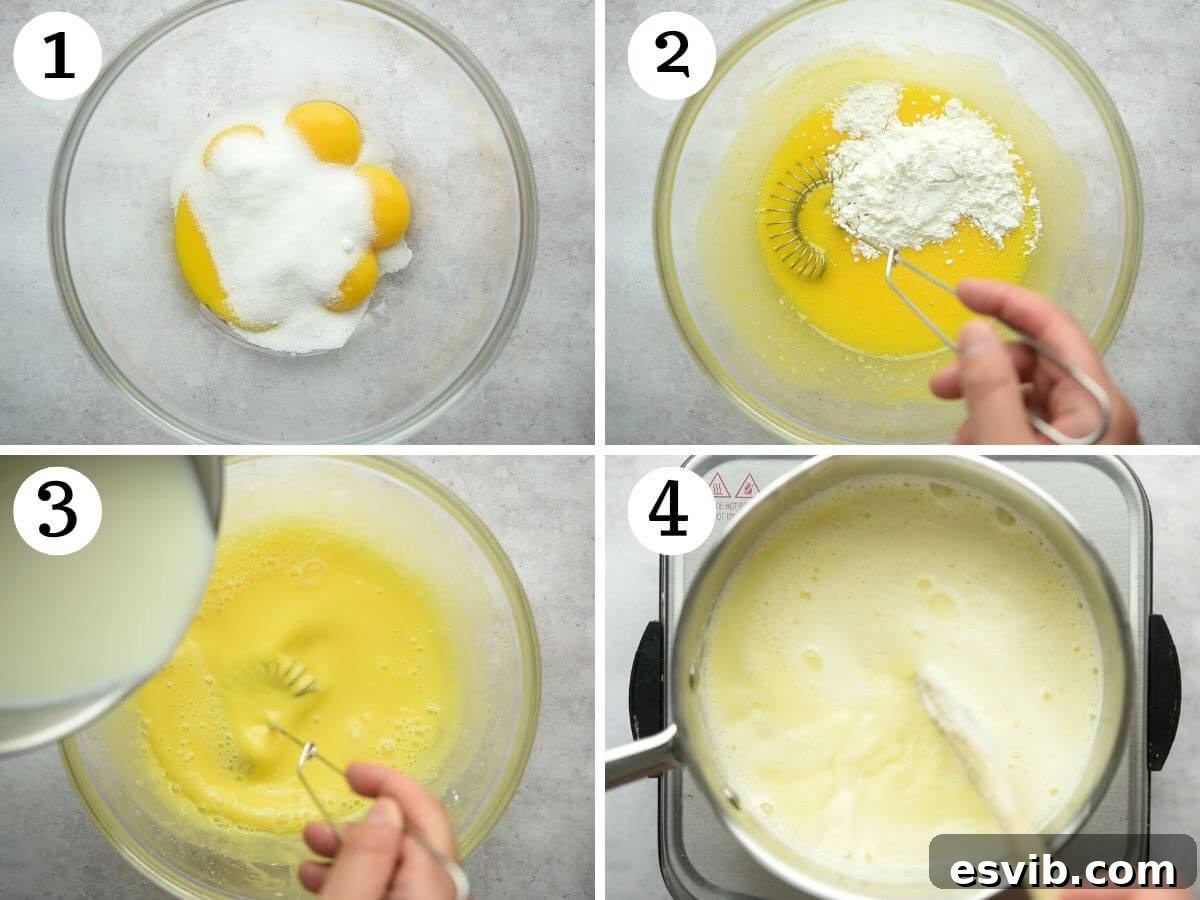A collage of four photos illustrating the initial steps of making chocolate custard: whisking egg yolks with sugar, then cornstarch, and gently heating milk in a saucepan until it simmers.