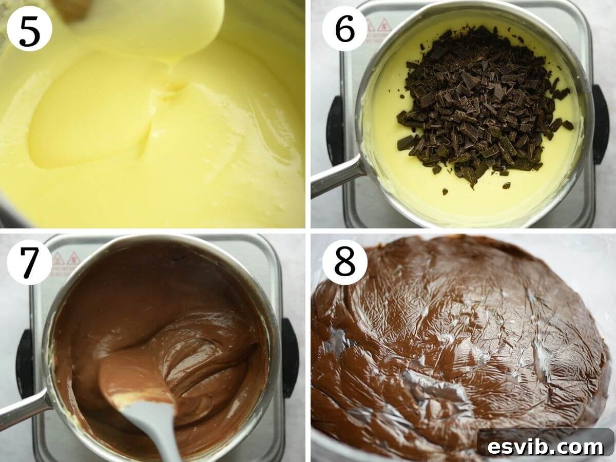 A collage of four photos detailing the process of making chocolate custard: thickening the egg yolk and milk mixture into a smooth custard, then melting chopped dark chocolate into it to create a rich chocolate base.
